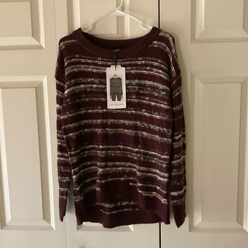 Calvin Klein Jeans Co. women’s med. striped sweater plum gray black new - Picture 1 of 8